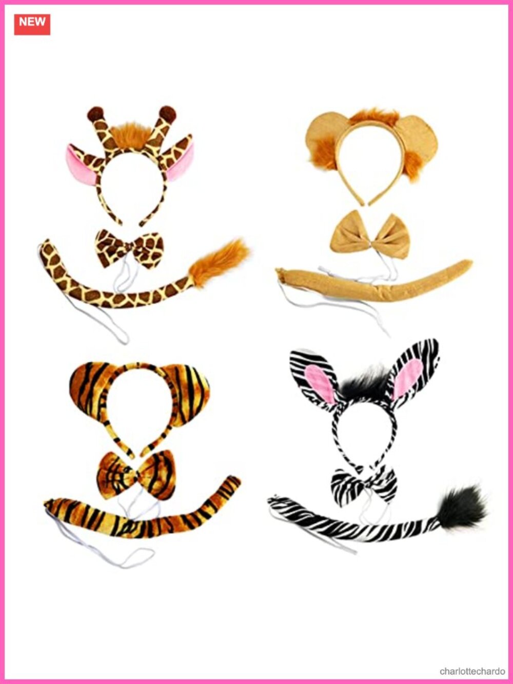 4 Set Zoo Animal Headbands & Tails Adult Costume Accessories One Size